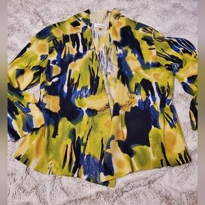 Calvin Klein Blue Green Yellow Silk Blend Knit Open Front Cardigan Top Medium